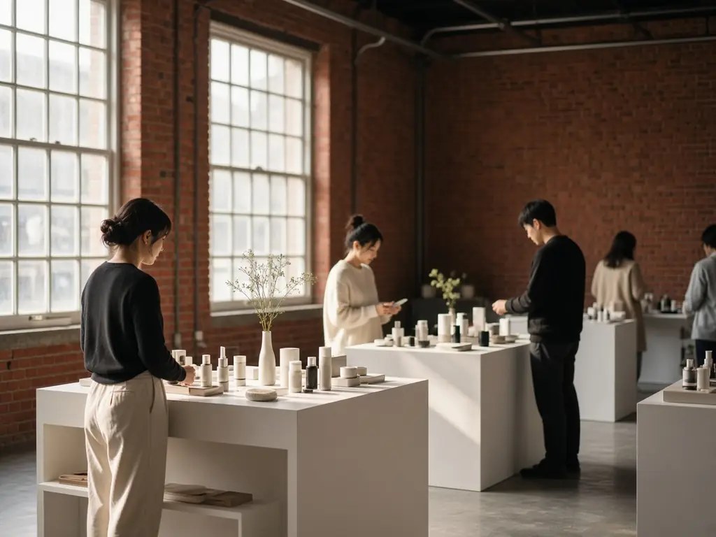 벽돌 창고 안 흰 진열대에 놓인 화장품을 둘러보는 사람들